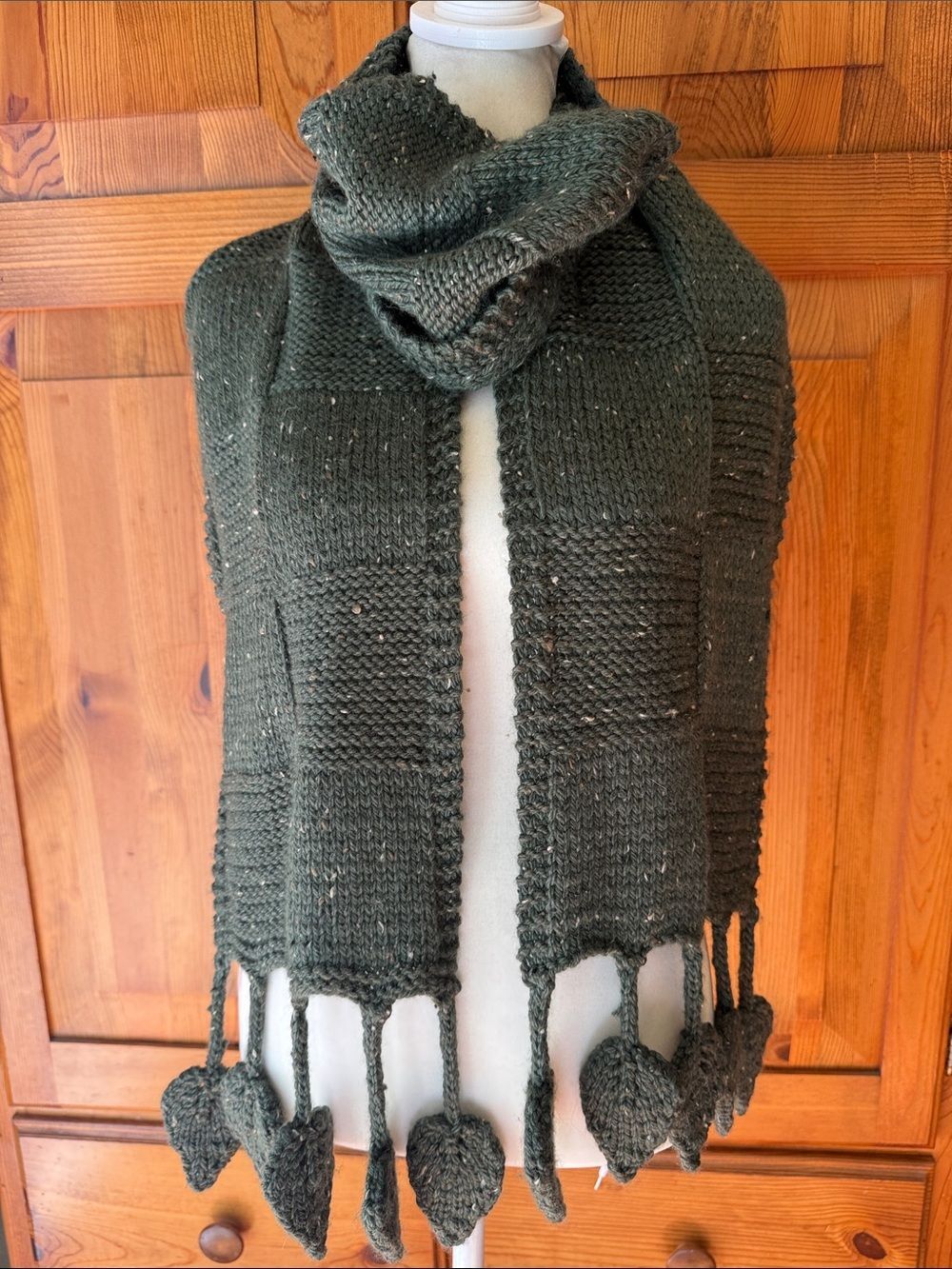 Handmade Dark Olive Knit Scarf with Leaf Tassels